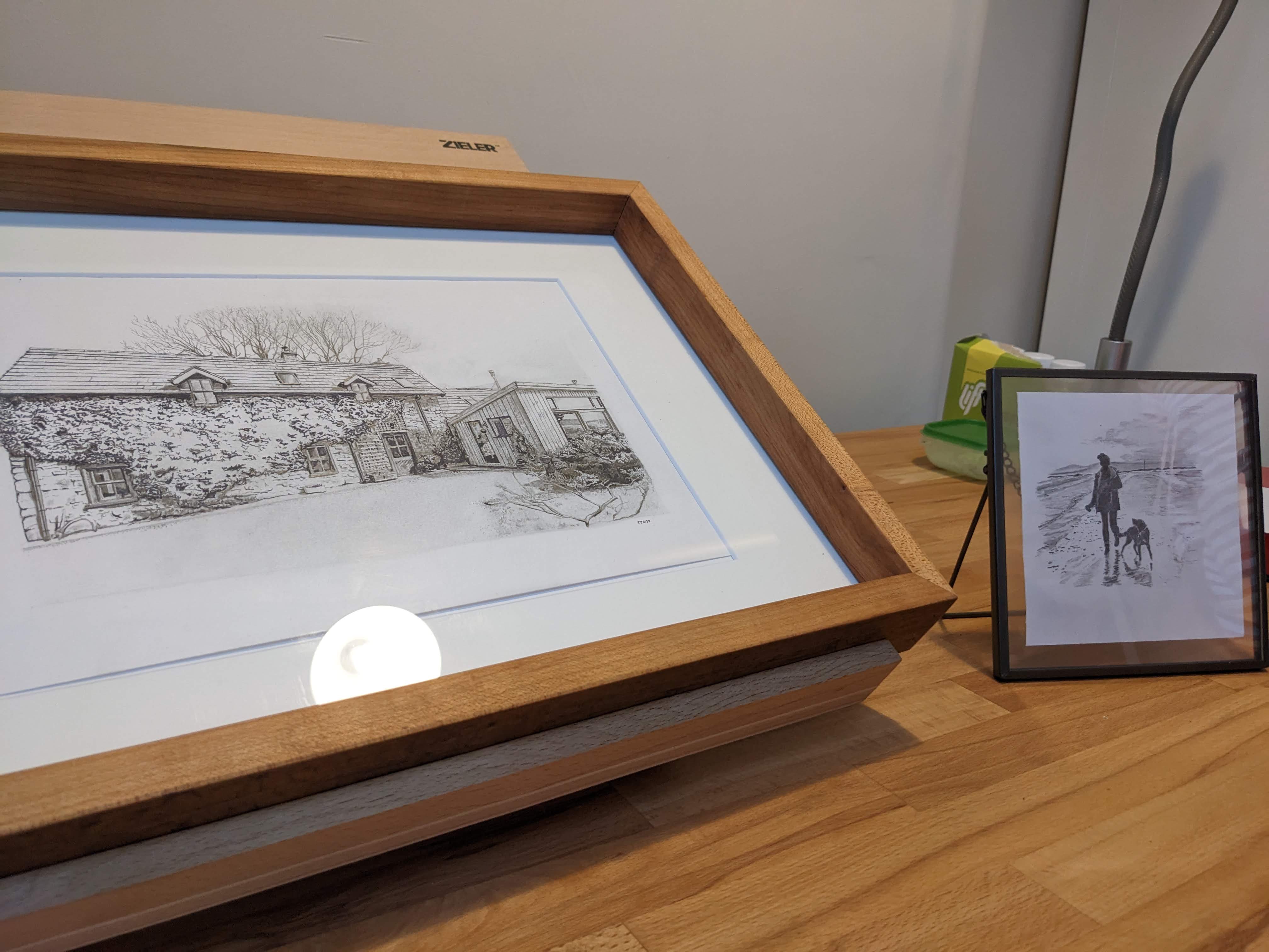Alternative angle of framed cottage drawing