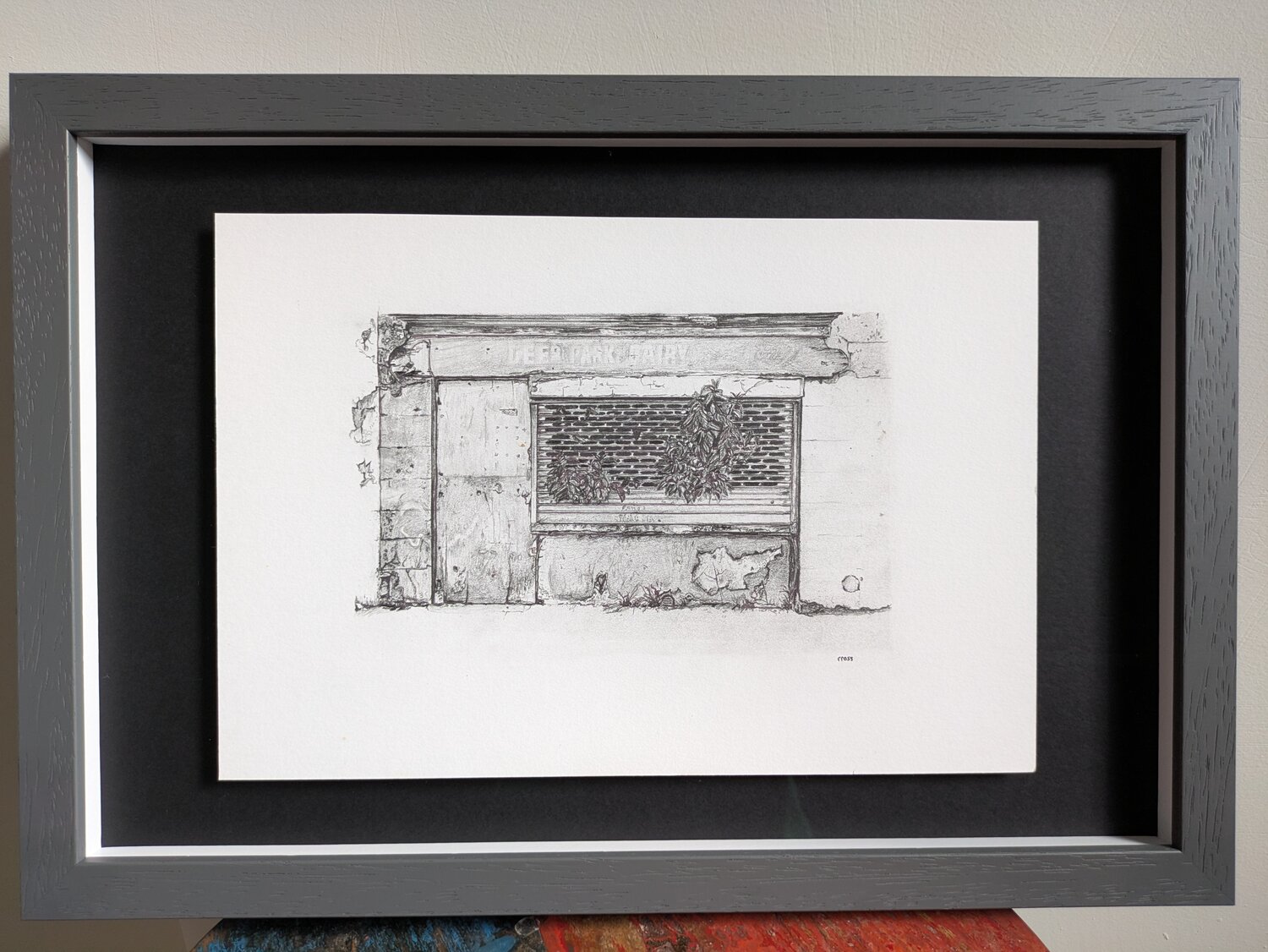 Cork St. Dairy — original pencil drawing by R.T. Ross, framed