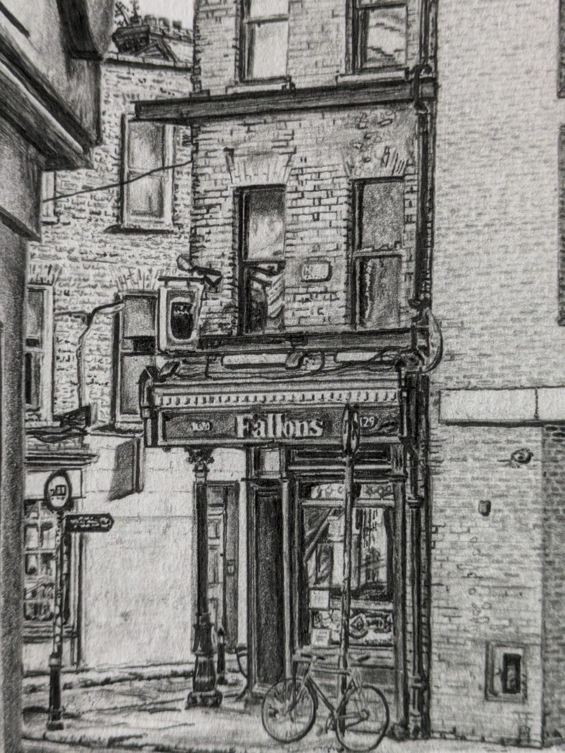 Fallon's pub, Dublin 8 — pen and ink drawing by R.T. Ross