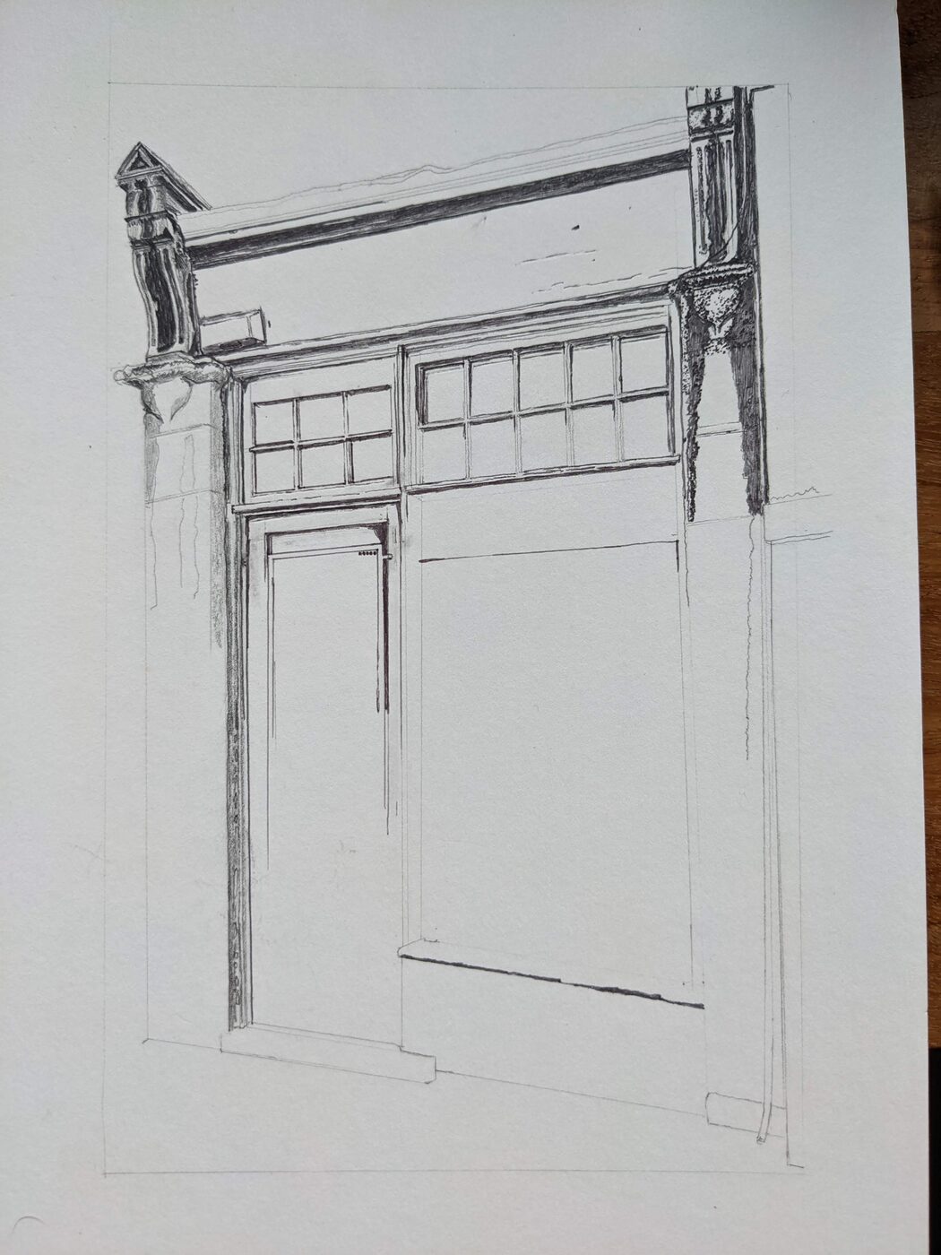 Caxton Antique Prints drawing mid-progress, pencil on paper.