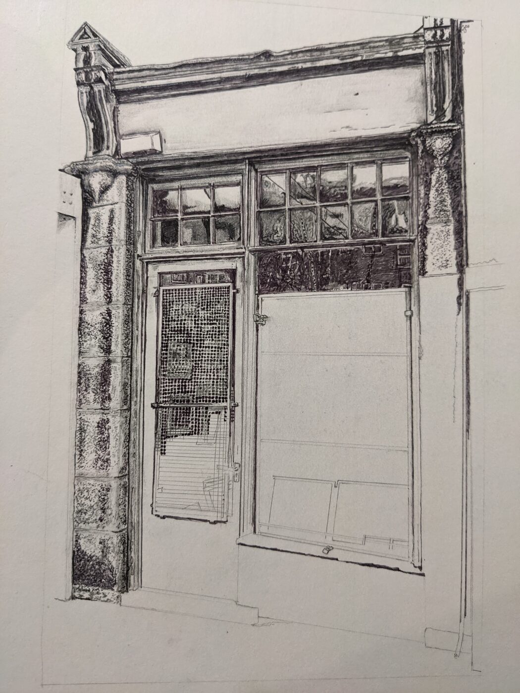 Caxton Antique Prints drawing at a later stage, pencil and ink on paper.