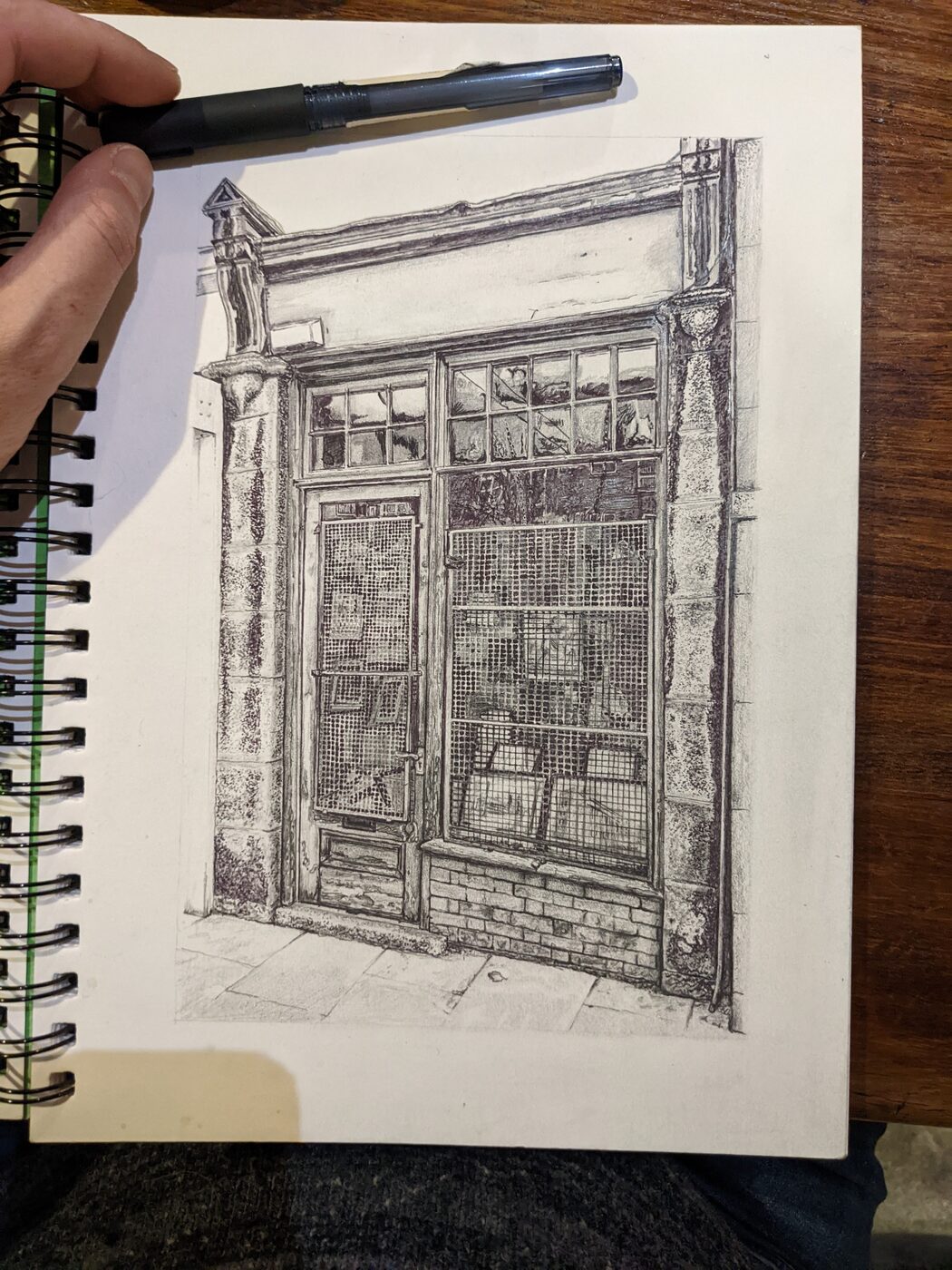 Completed Caxton Antique Prints drawing with a pen placed alongside for scale. A4 size.
