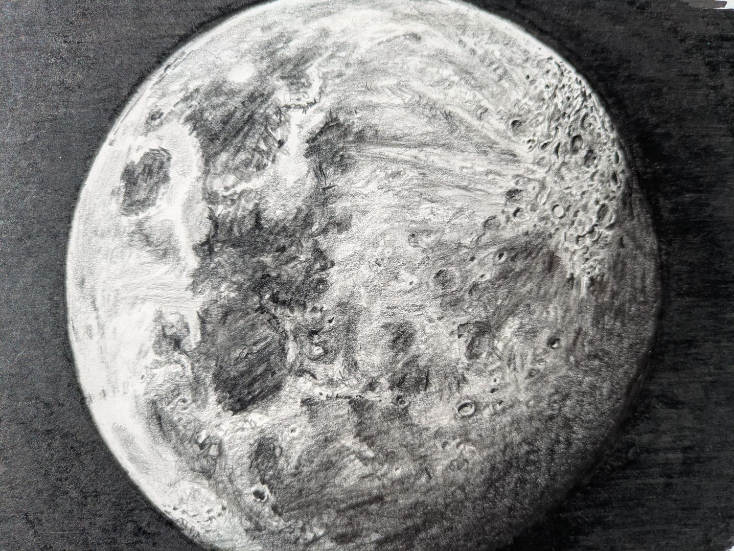 Waning Gibbous Moon drawing — pencil detail closeup.