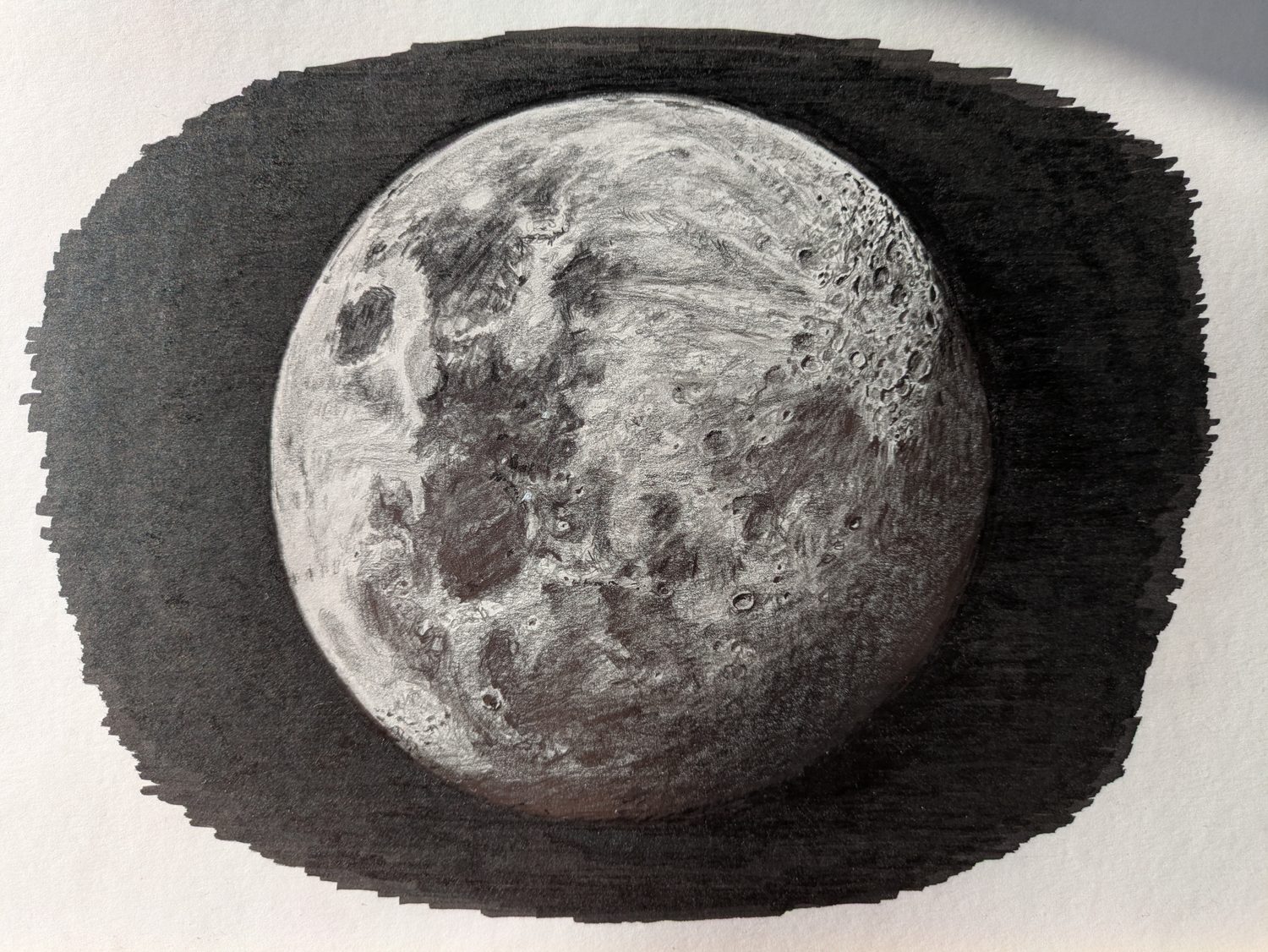 Waning Gibbous Moon drawing — nearly complete stage.